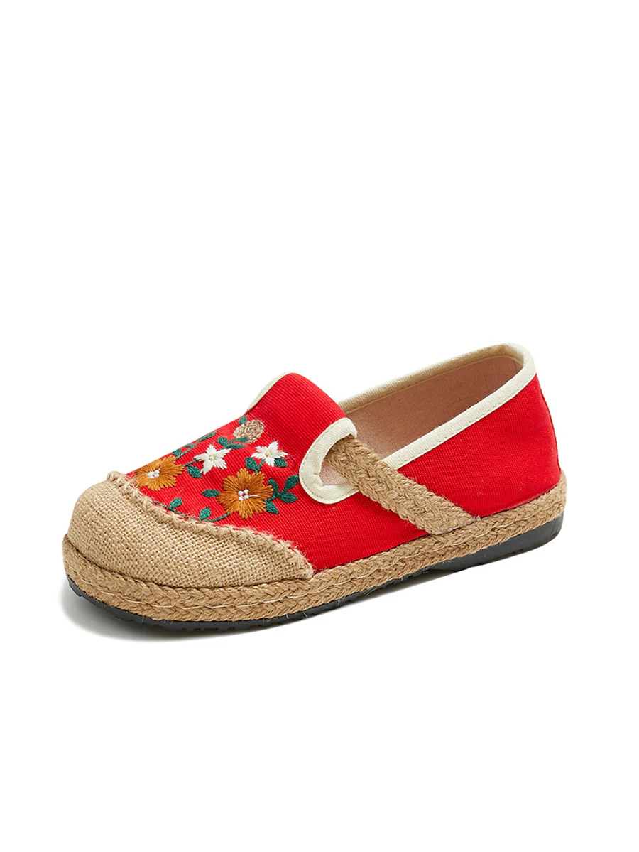 Women Summer Flower Embroidery Linen Spliced Straw Shoes - Image 10