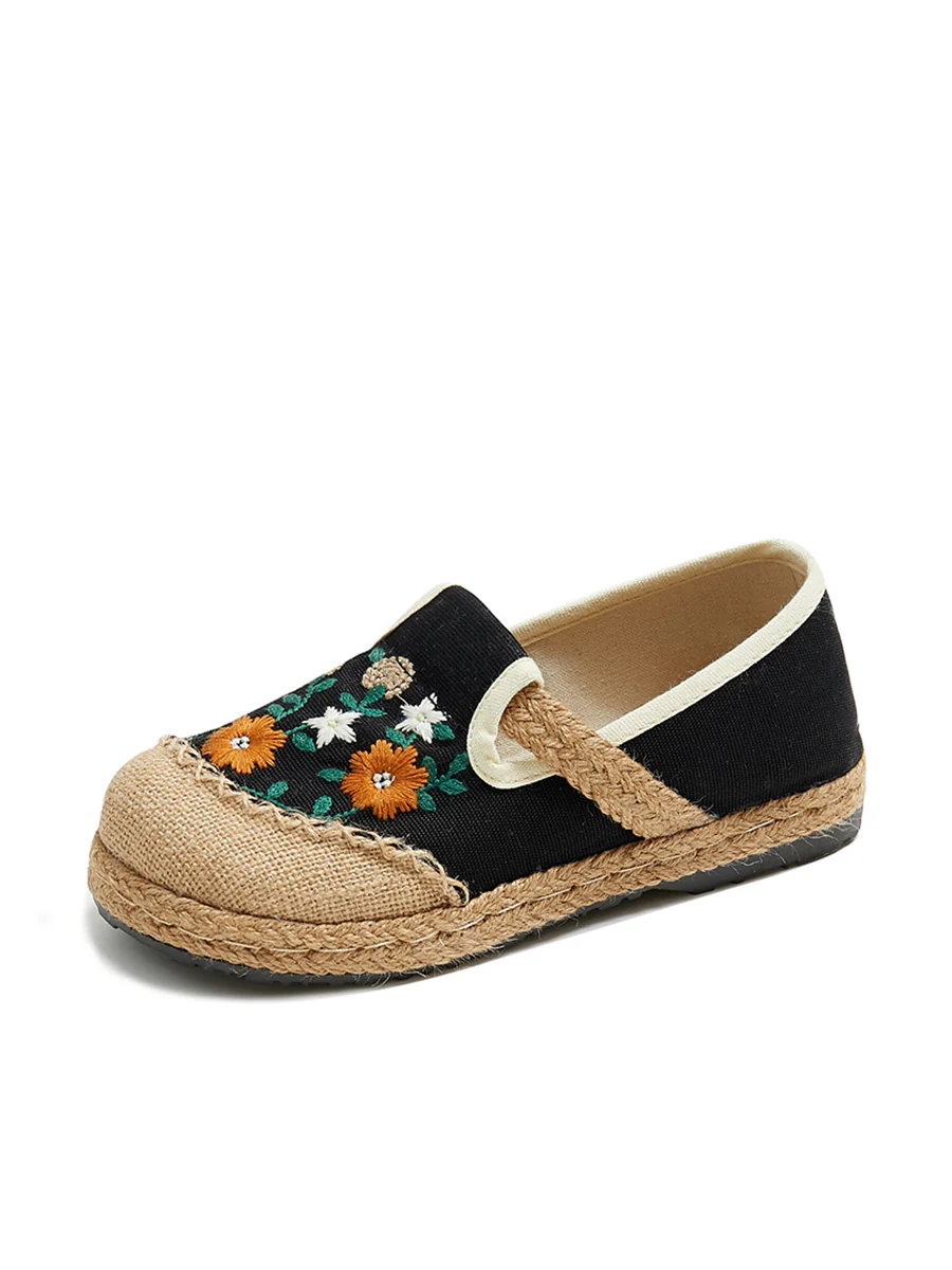Women Summer Flower Embroidery Linen Spliced Straw Shoes - Image 11