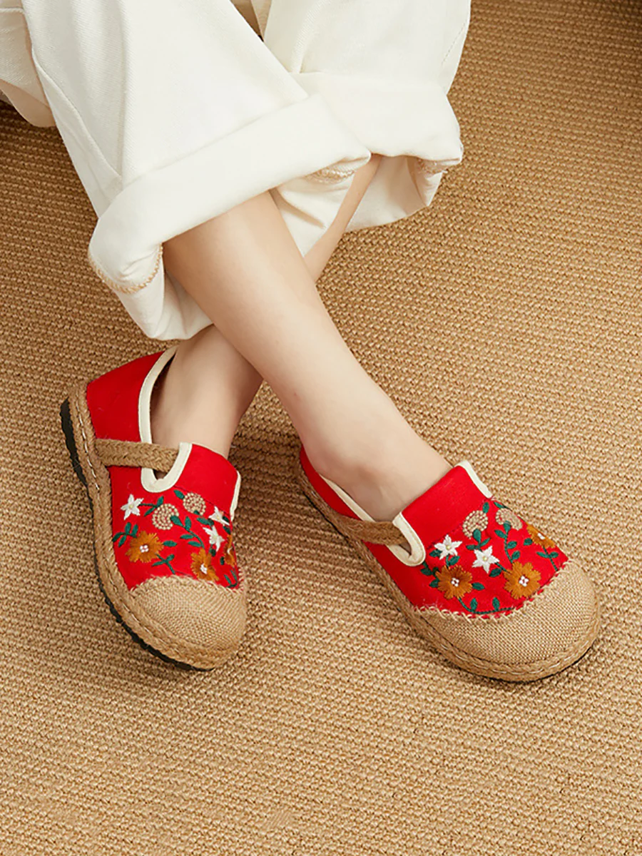 Women Summer Flower Embroidery Linen Spliced Straw Shoes - Image 3