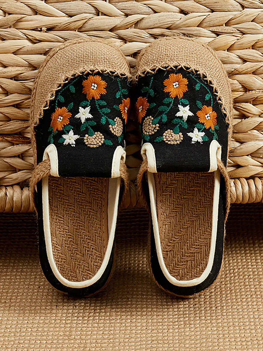 Women Summer Flower Embroidery Linen Spliced Straw Shoes - Image 5