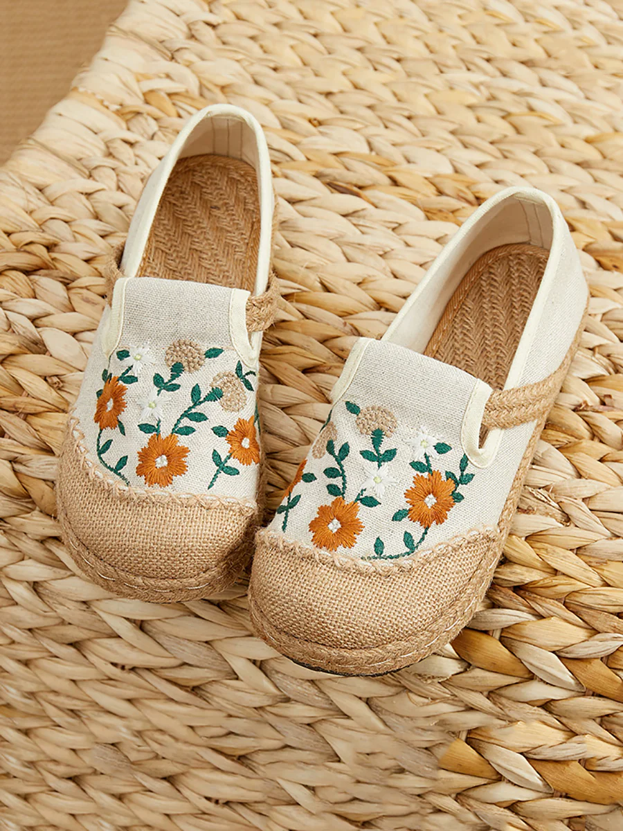 Women Summer Flower Embroidery Linen Spliced Straw Shoes - Image 6