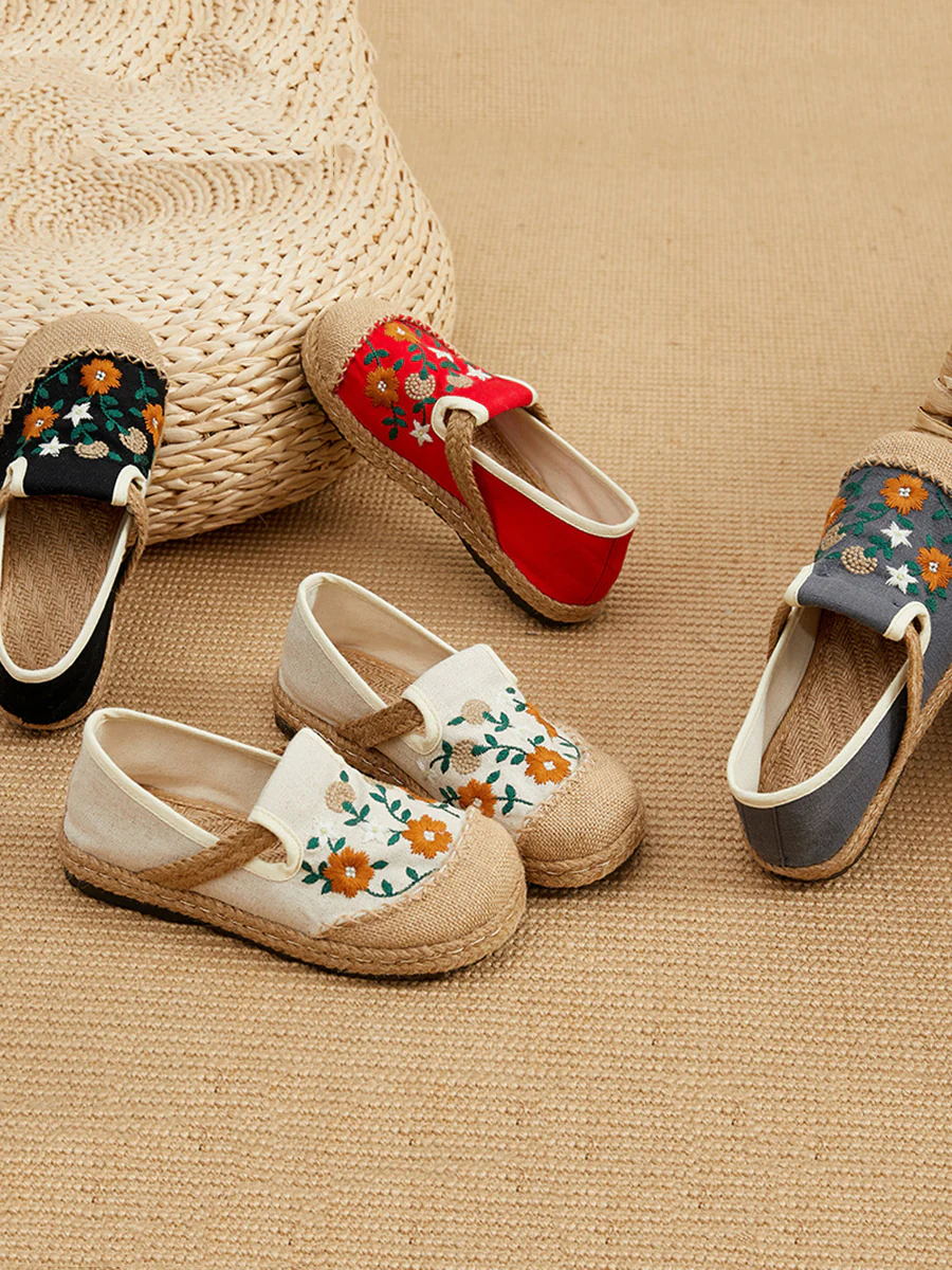 Women Summer Flower Embroidery Linen Spliced Straw Shoes - Image 7