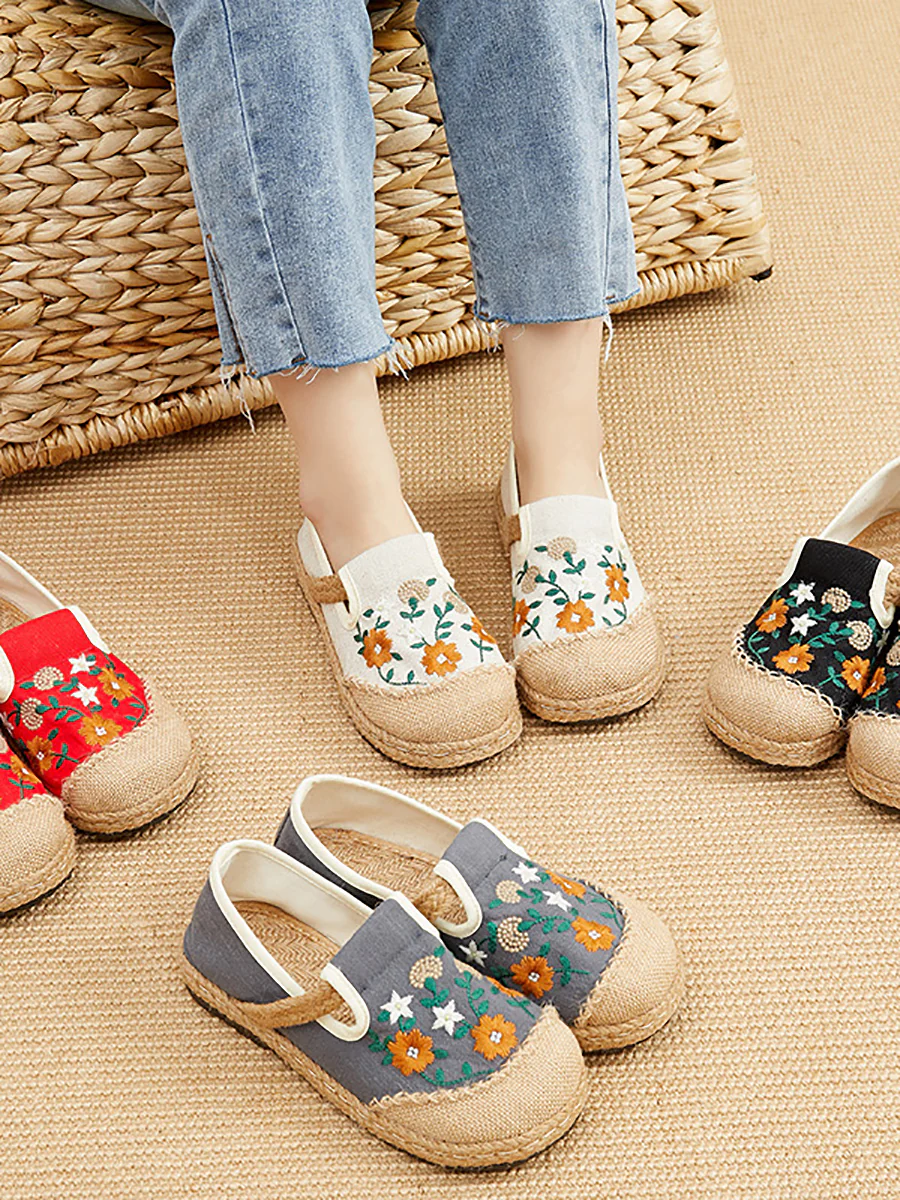 Women Summer Flower Embroidery Linen Spliced Straw Shoes - Image 8