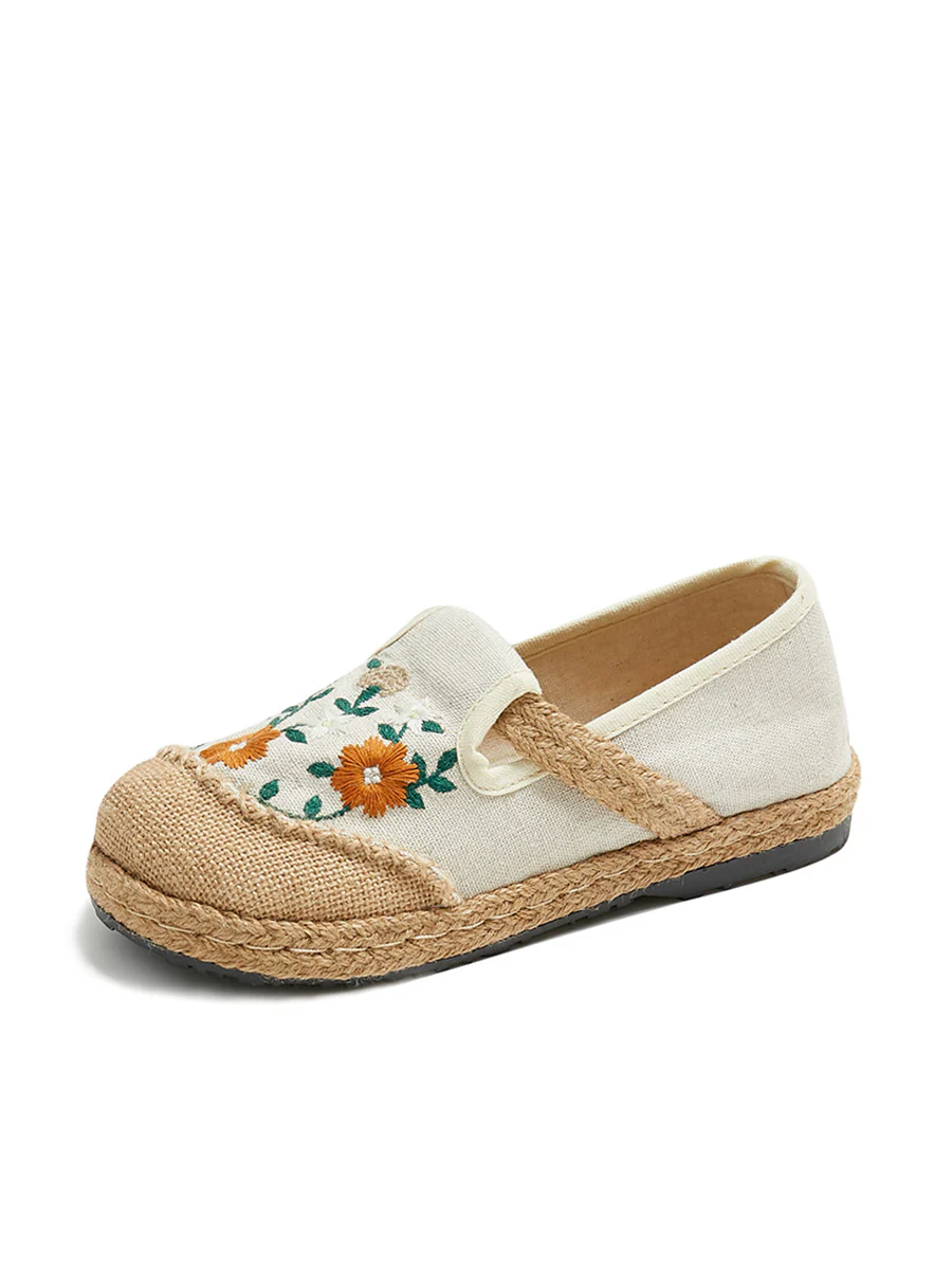 Women Summer Flower Embroidery Linen Spliced Straw Shoes - Image 9