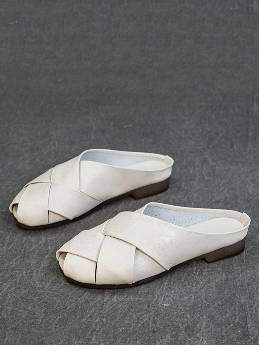 Women Summer Soft Leather Low Heel Weave Slippers - Image 10