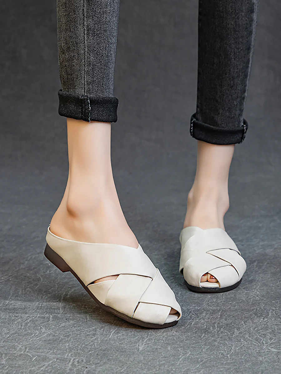 Women Summer Soft Leather Low Heel Weave Slippers - Image 3