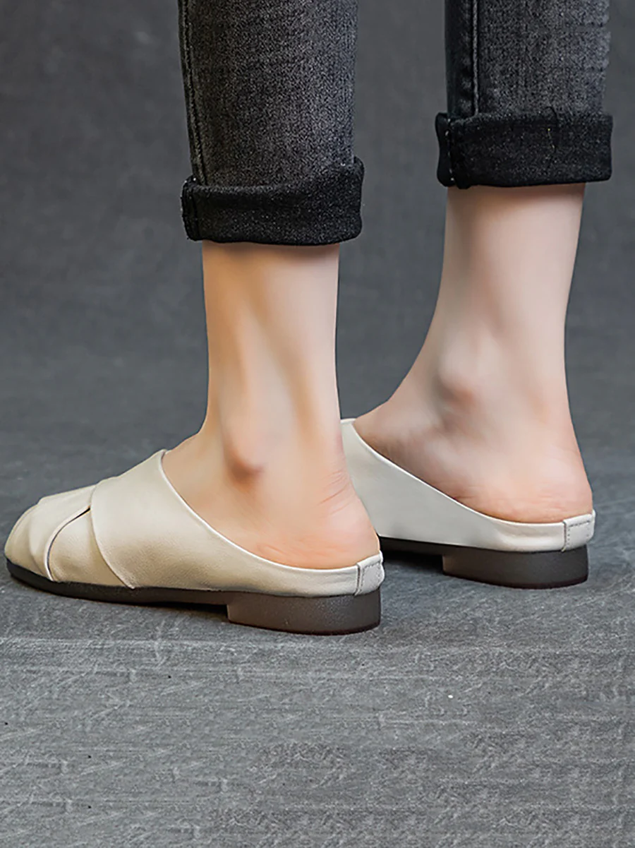 Women Summer Soft Leather Low Heel Weave Slippers - Image 4