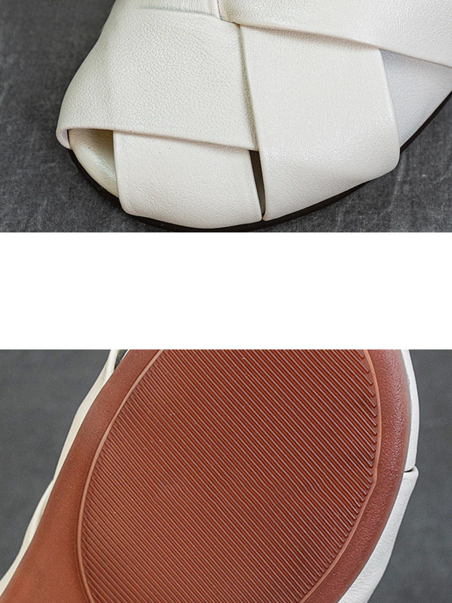 Women Summer Soft Leather Low Heel Weave Slippers - Image 5
