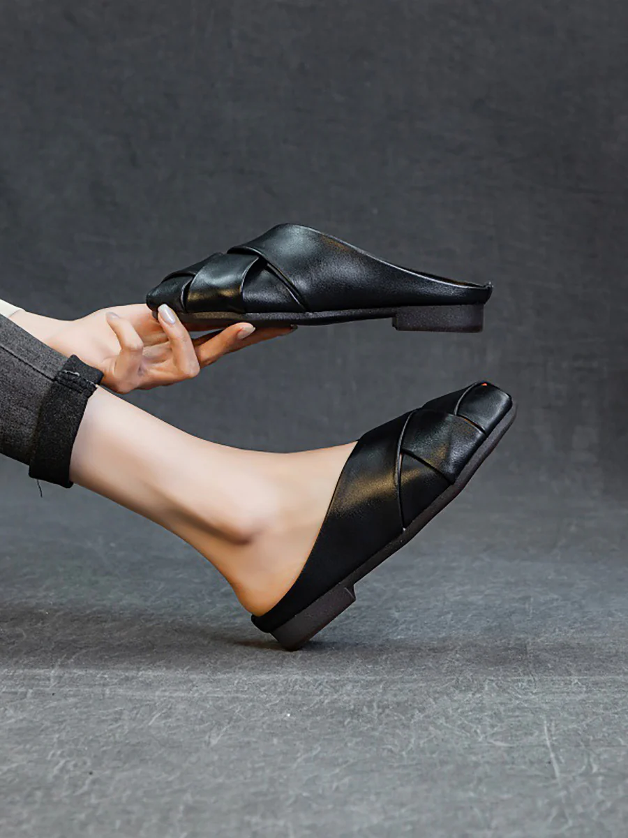 Women Summer Soft Leather Low Heel Weave Slippers - Image 6
