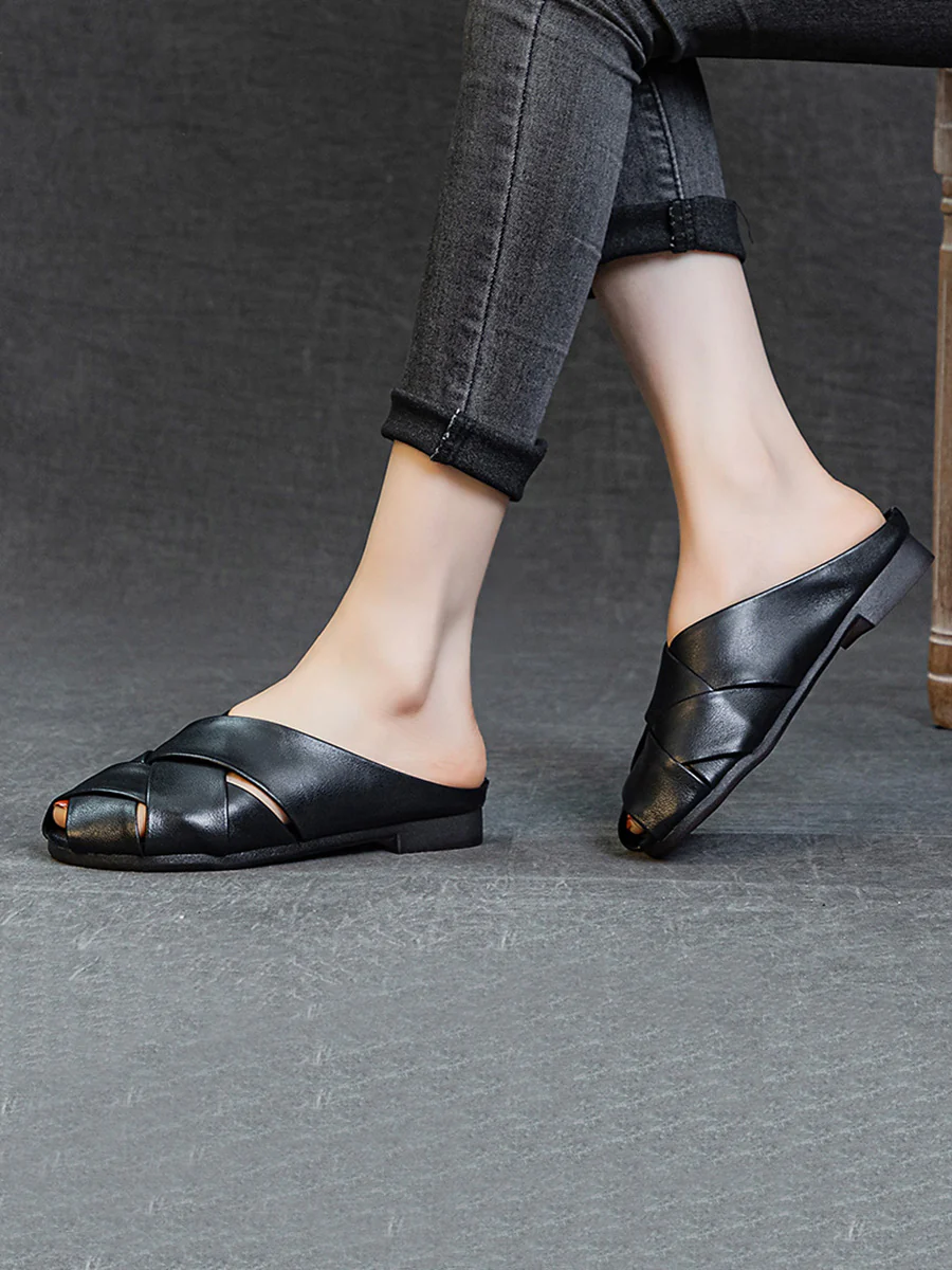 Women Summer Soft Leather Low Heel Weave Slippers - Image 7
