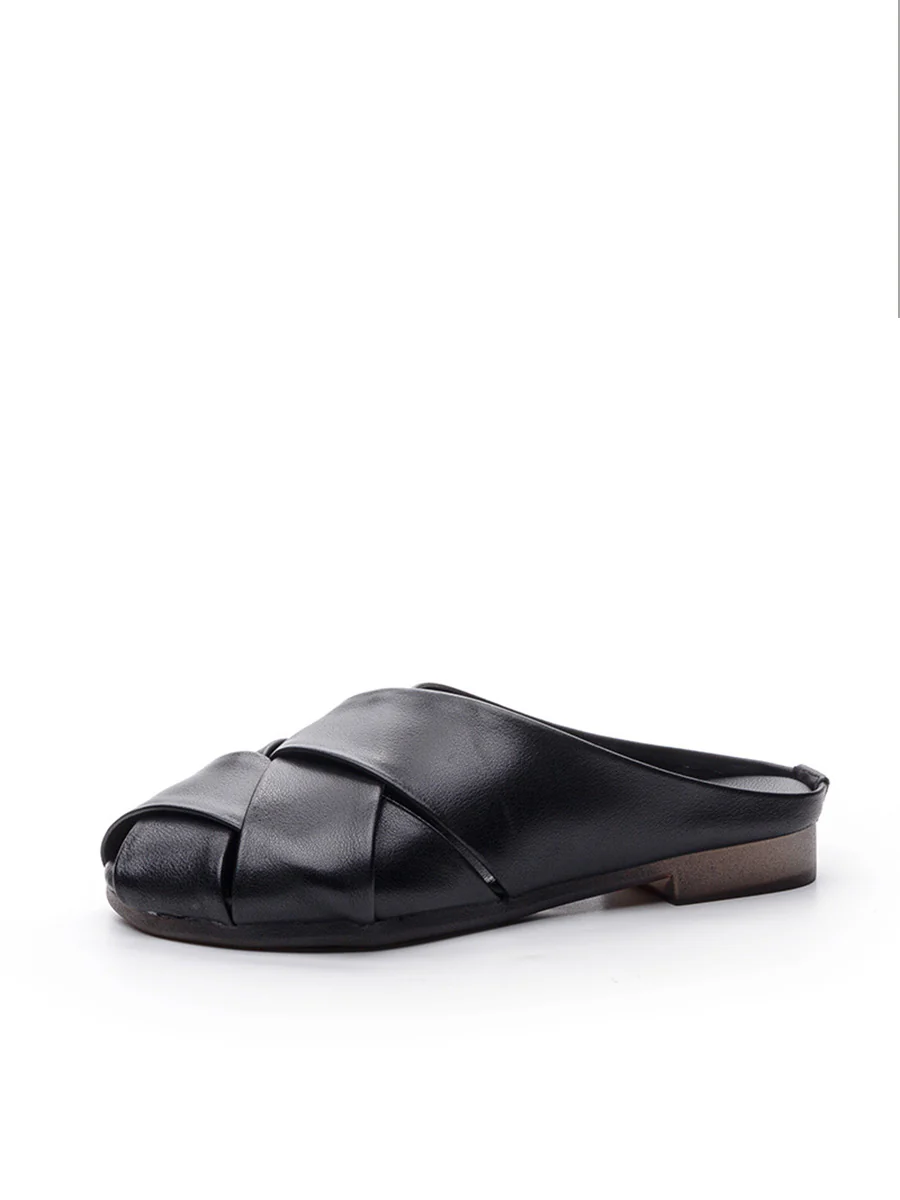 Women Summer Soft Leather Low Heel Weave Slippers - Image 8
