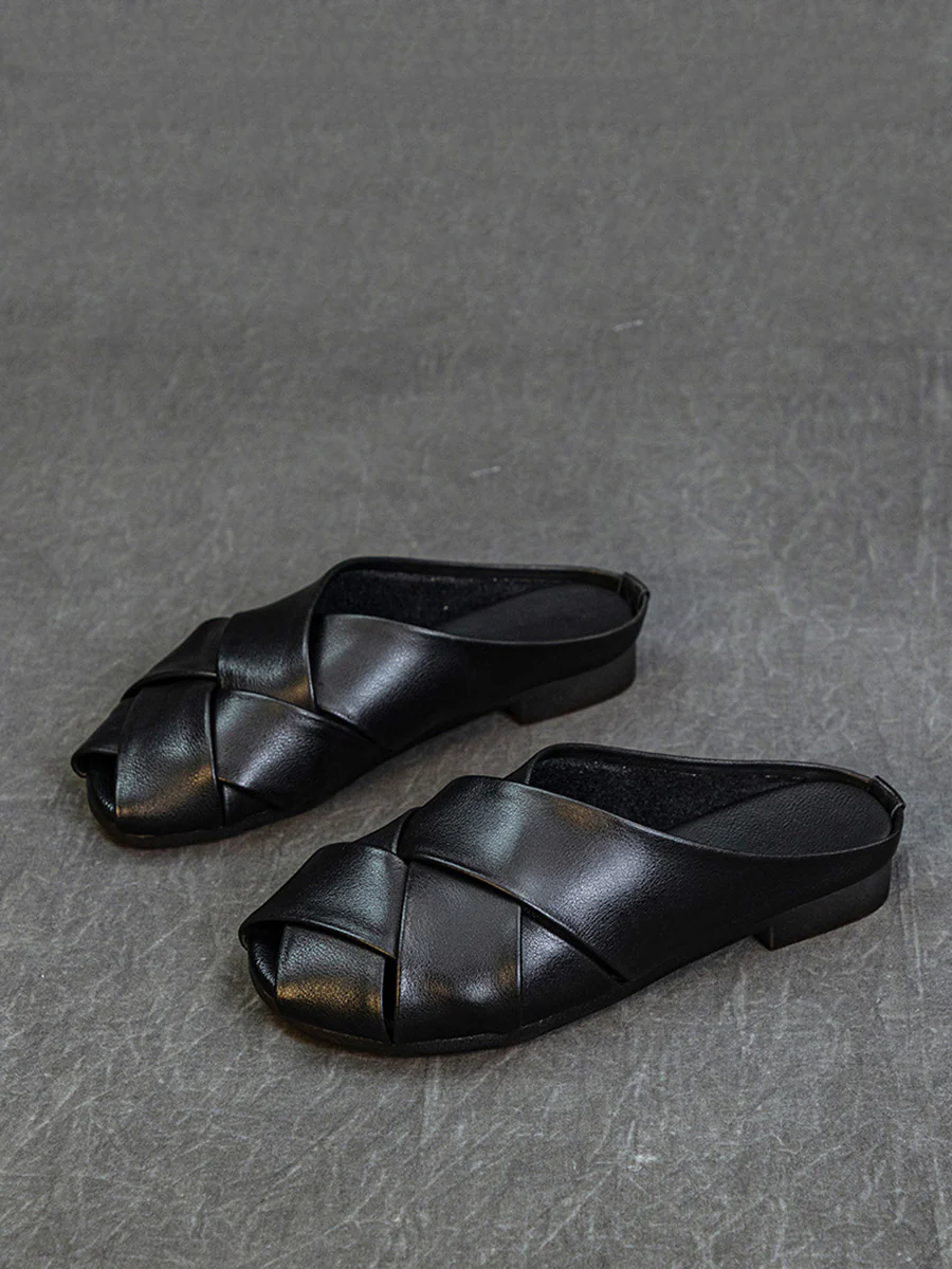 Women Summer Soft Leather Low Heel Weave Slippers - Image 9