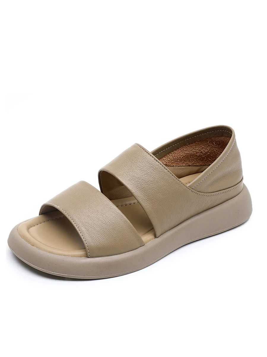 Women Summer Solid Leather Soft Flat Peep-toe Shoes - Image 10