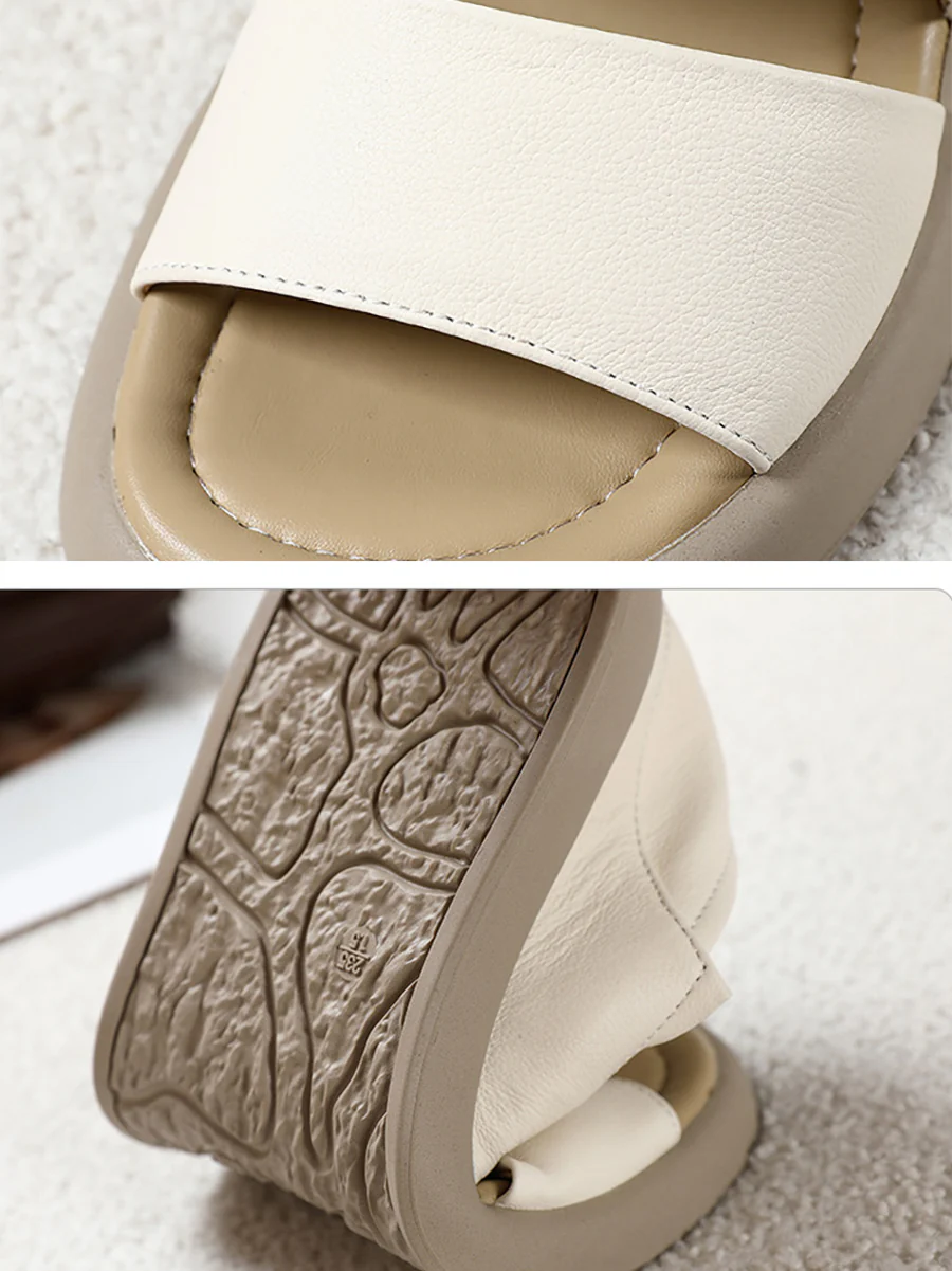 Women Summer Solid Leather Soft Flat Peep-toe Shoes - Image 11
