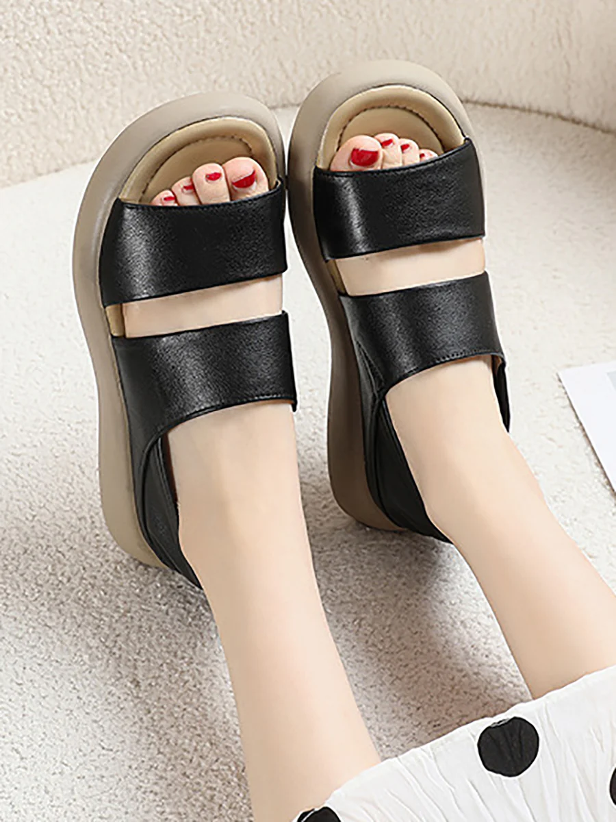 Women Summer Solid Leather Soft Flat Peep-toe Shoes - Image 5