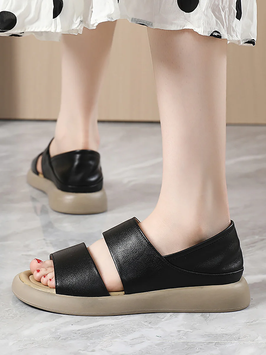 Women Summer Solid Leather Soft Flat Peep-toe Shoes - Image 6