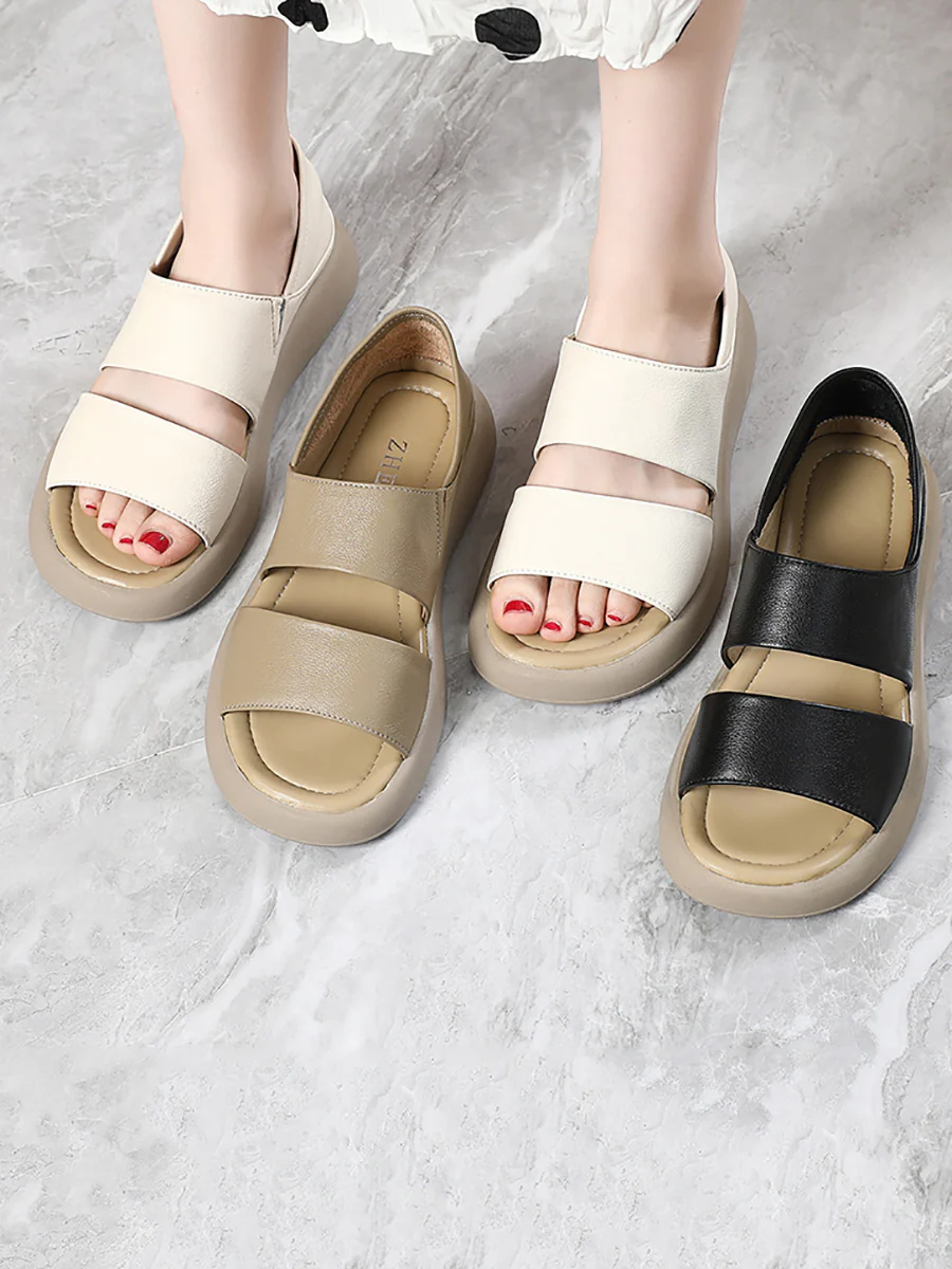 Women Summer Solid Leather Soft Flat Peep-toe Shoes - Image 7