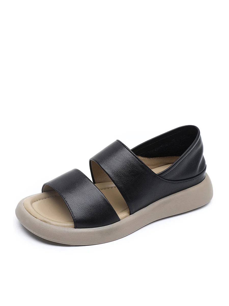 Women Summer Solid Leather Soft Flat Peep-toe Shoes - Image 8