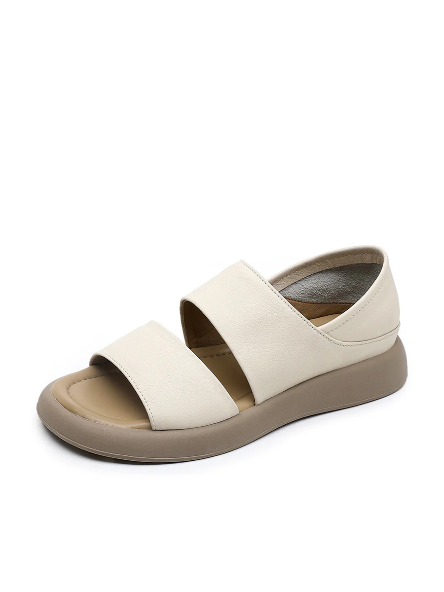 Women Summer Solid Leather Soft Flat Peep-toe Shoes - Image 9