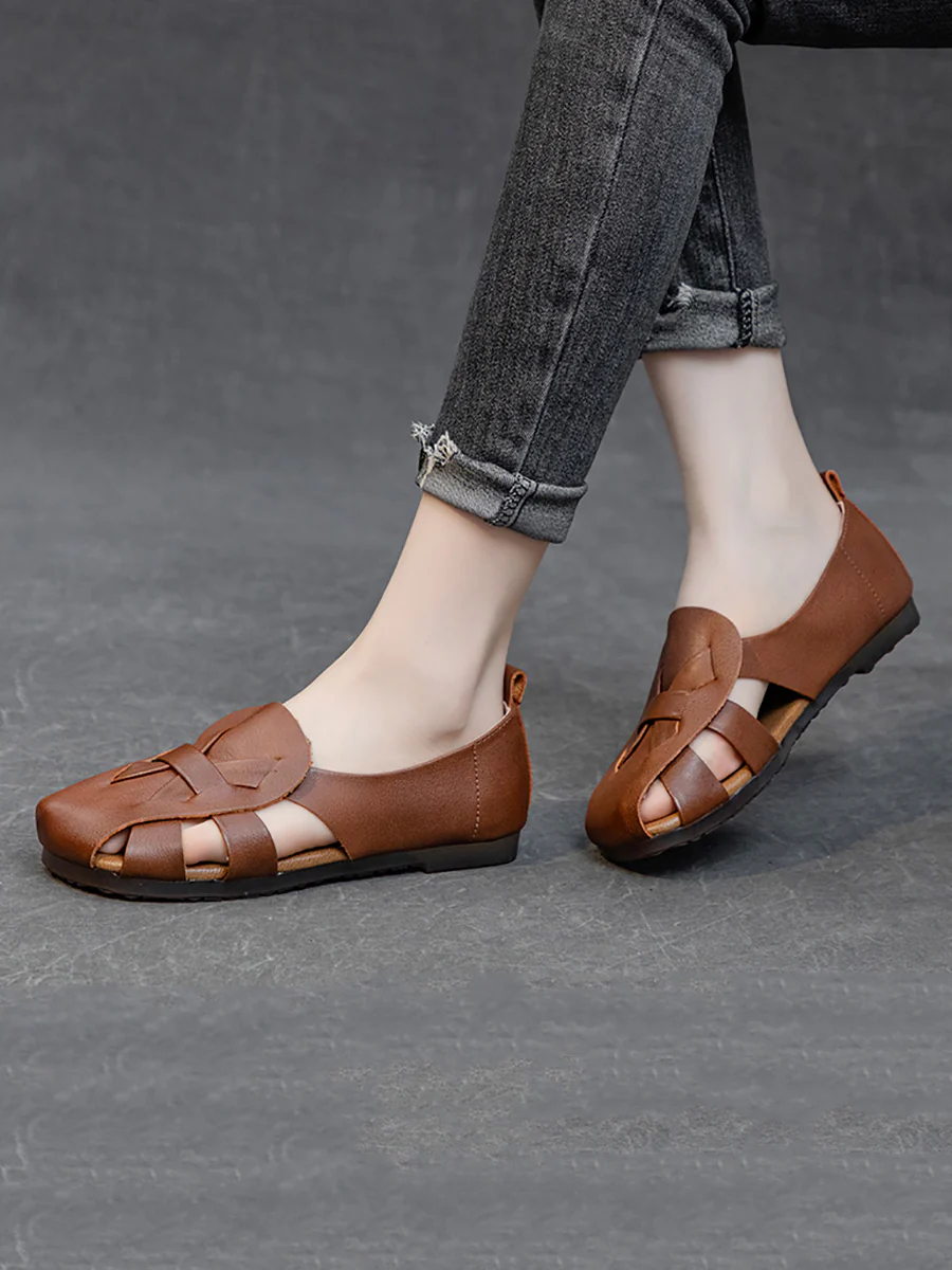 Women Summer Solid Vintage Leather Hollow Out Soft Shoes - Image 3