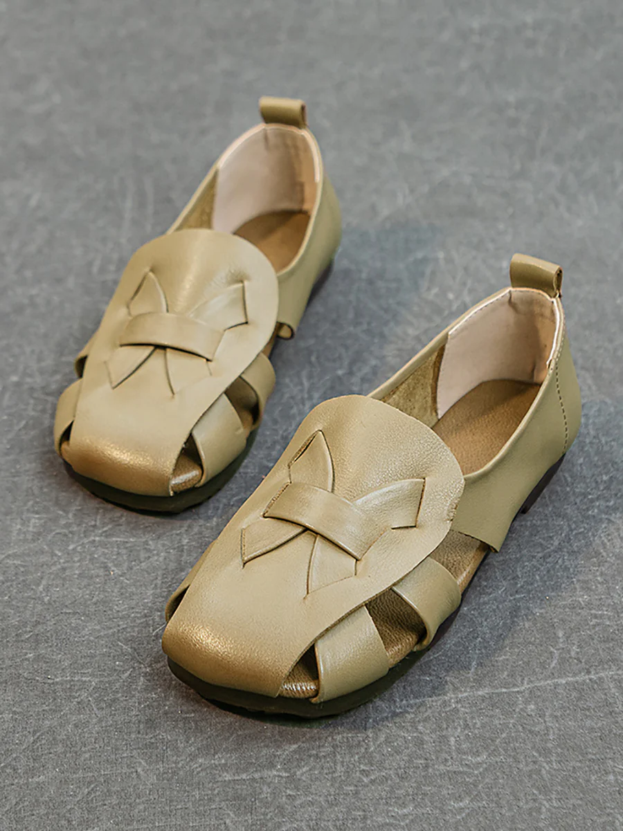 Women Summer Solid Vintage Leather Hollow Out Soft Shoes - Image 4