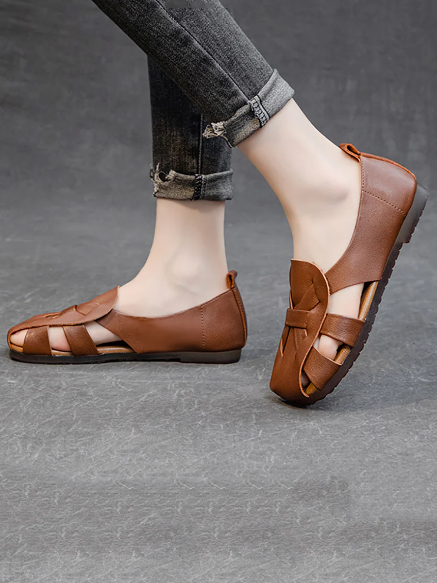 Women Summer Solid Vintage Leather Hollow Out Soft Shoes - Image 5