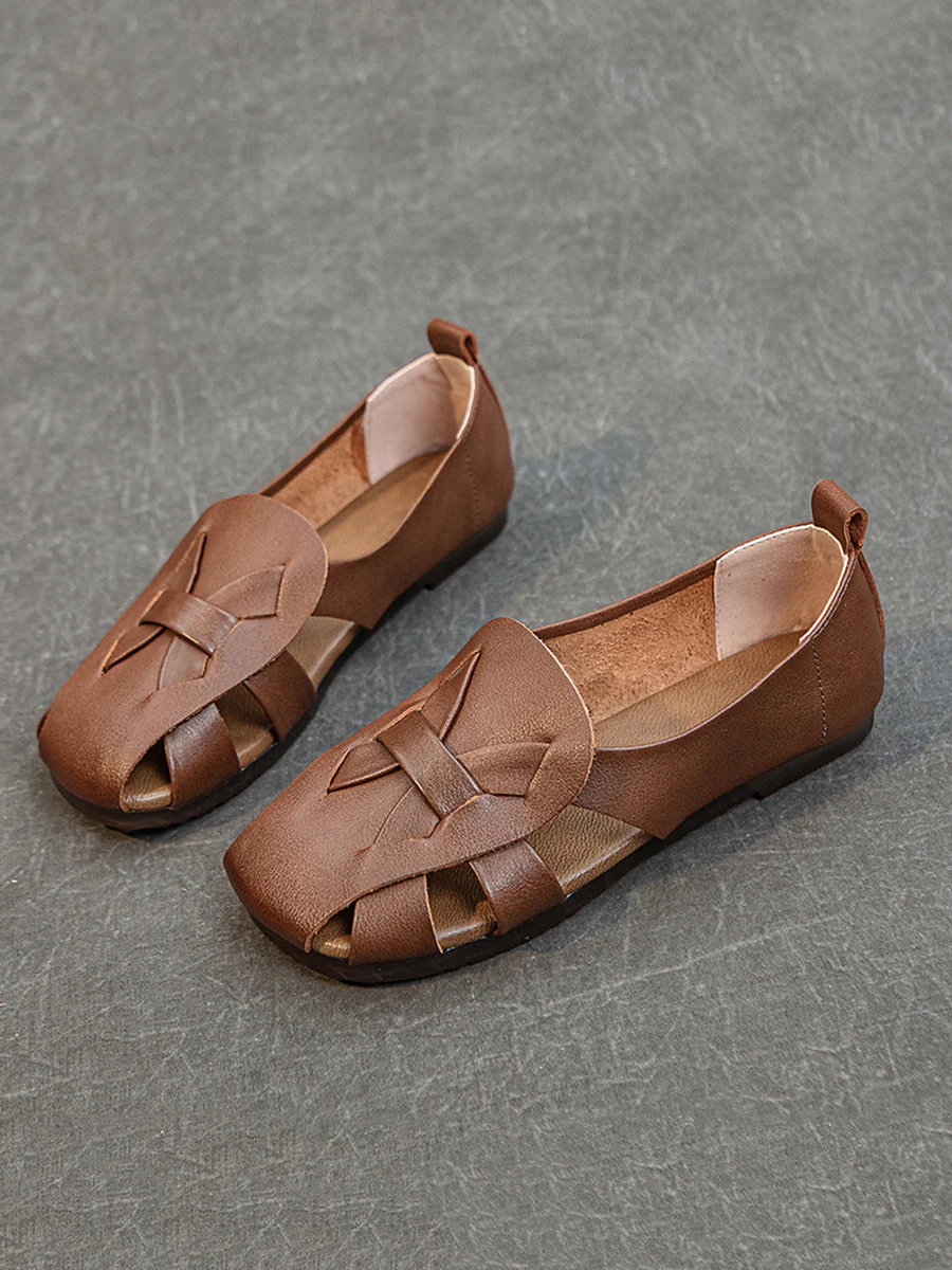 Women Summer Solid Vintage Leather Hollow Out Soft Shoes - Image 6