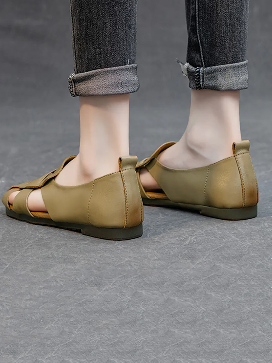 Women Summer Solid Vintage Leather Hollow Out Soft Shoes - Image 7