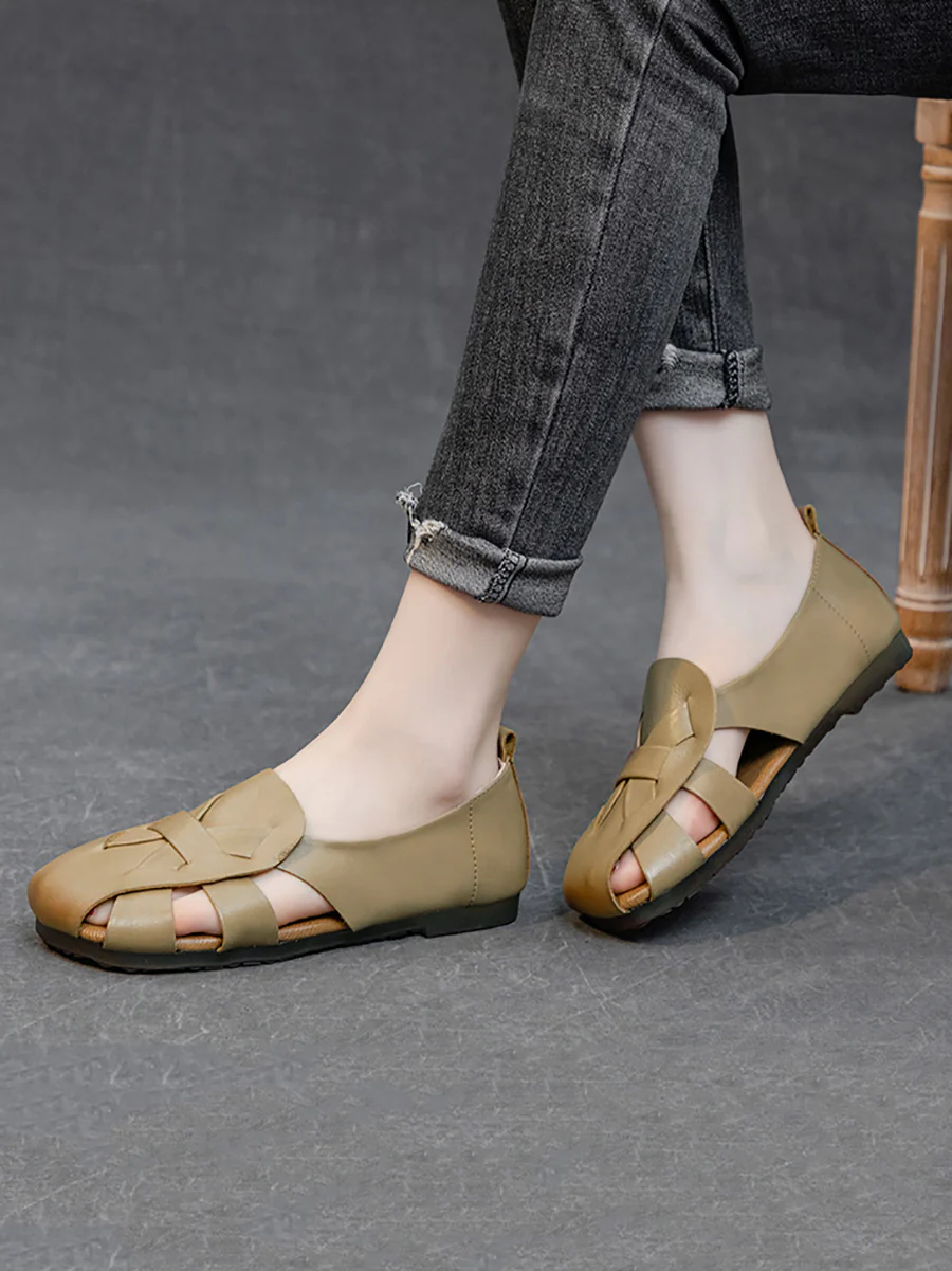 Women Summer Solid Vintage Leather Hollow Out Soft Shoes - Image 8