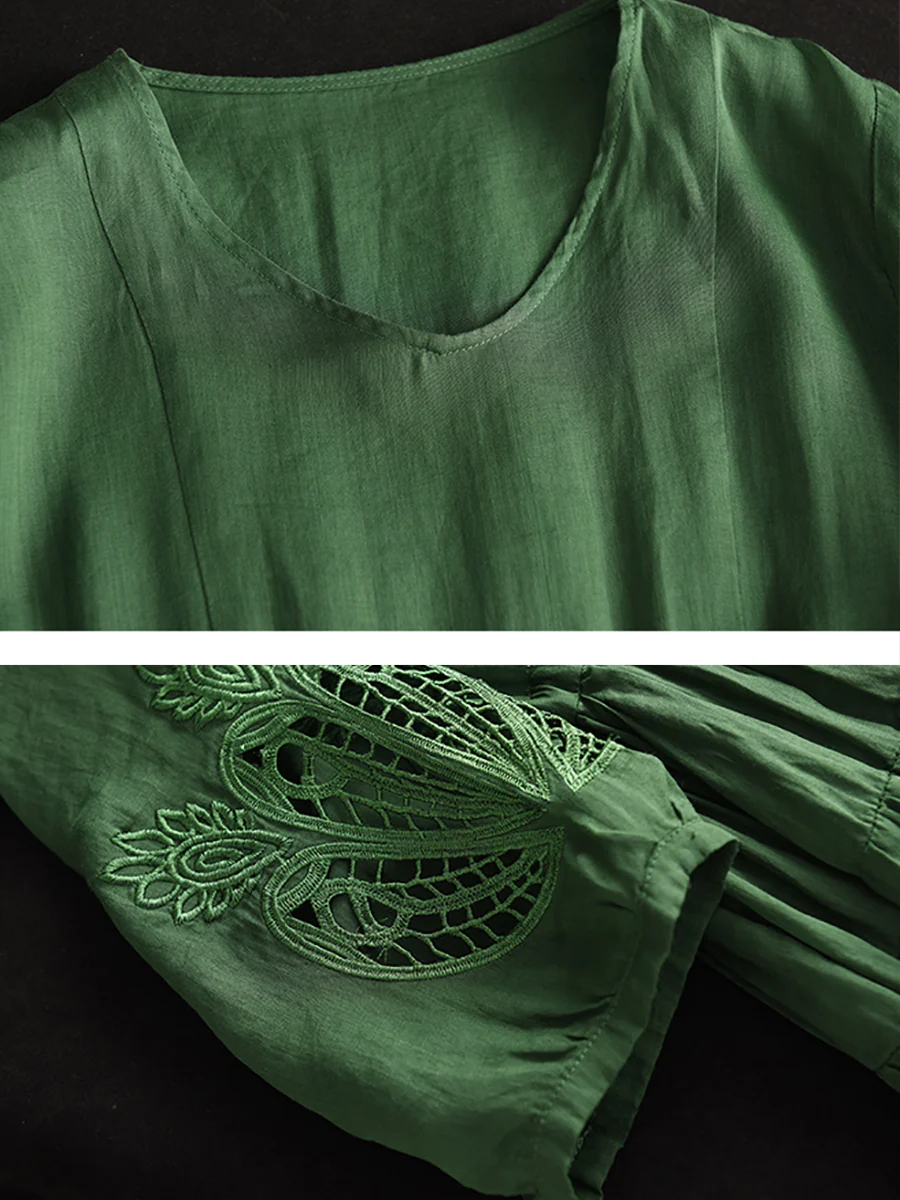 Women Vintage Embroidery Solid Stitching Ramie Dress - Image 10