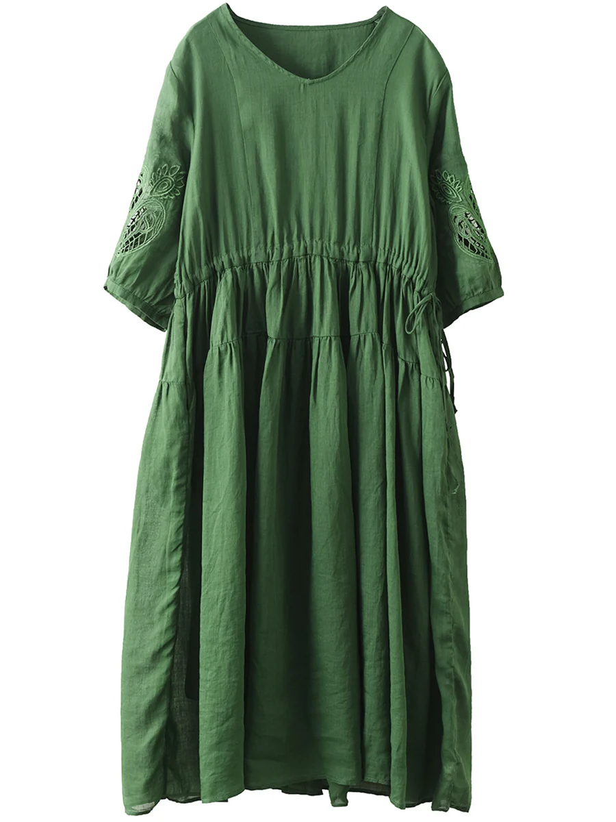 Women Vintage Embroidery Solid Stitching Ramie Dress - Image 11