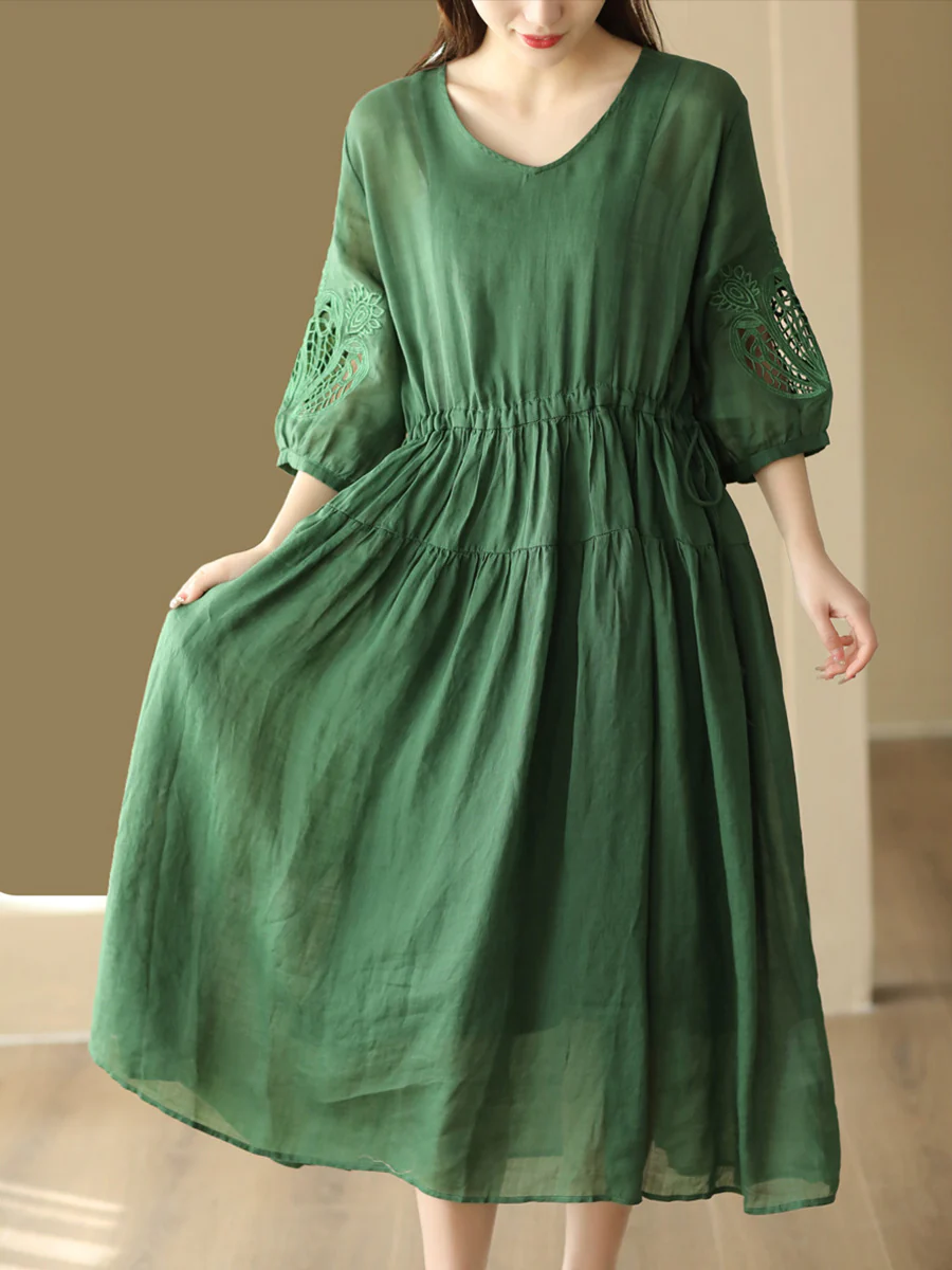 Women Vintage Embroidery Solid Stitching Ramie Dress - Image 3