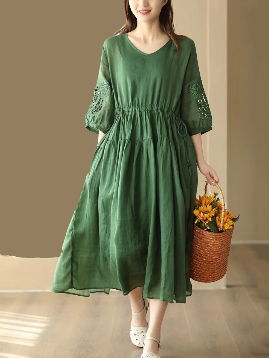 Women Vintage Embroidery Solid Stitching Ramie Dress - Image 4