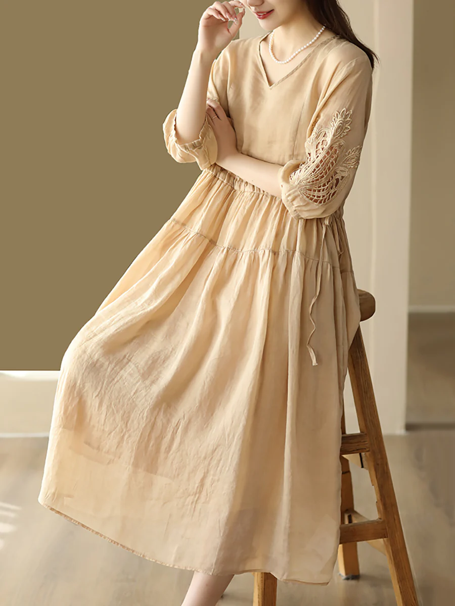 Women Vintage Embroidery Solid Stitching Ramie Dress - Image 5