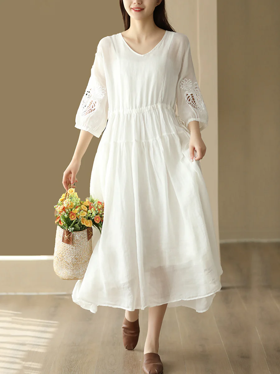 Women Vintage Embroidery Solid Stitching Ramie Dress - Image 6