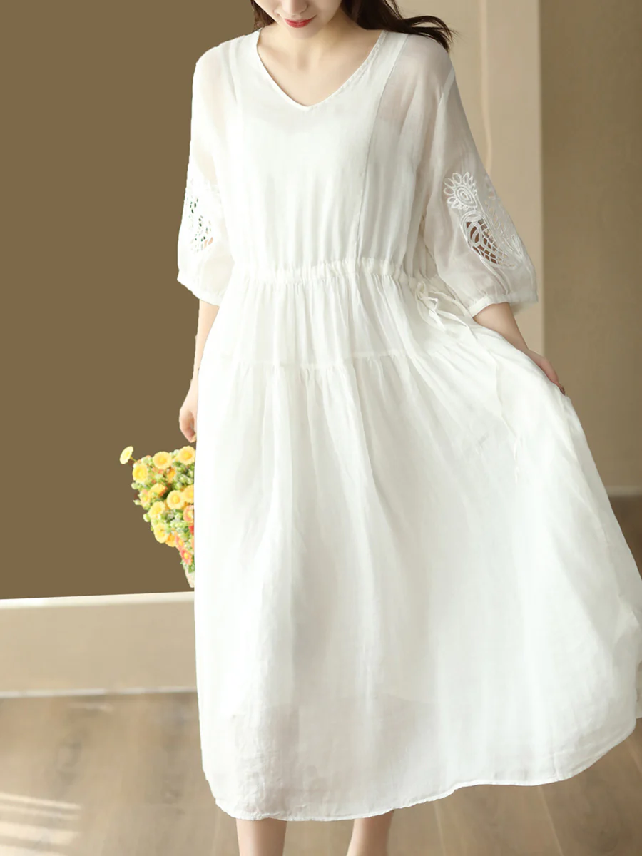 Women Vintage Embroidery Solid Stitching Ramie Dress - Image 7