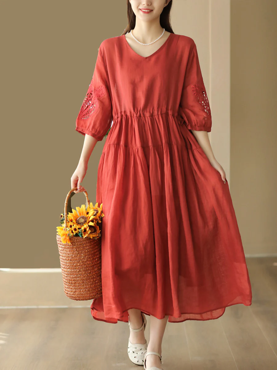 Women Vintage Embroidery Solid Stitching Ramie Dress - Image 8