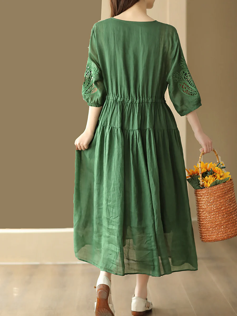 Women Vintage Embroidery Solid Stitching Ramie Dress - Image 9