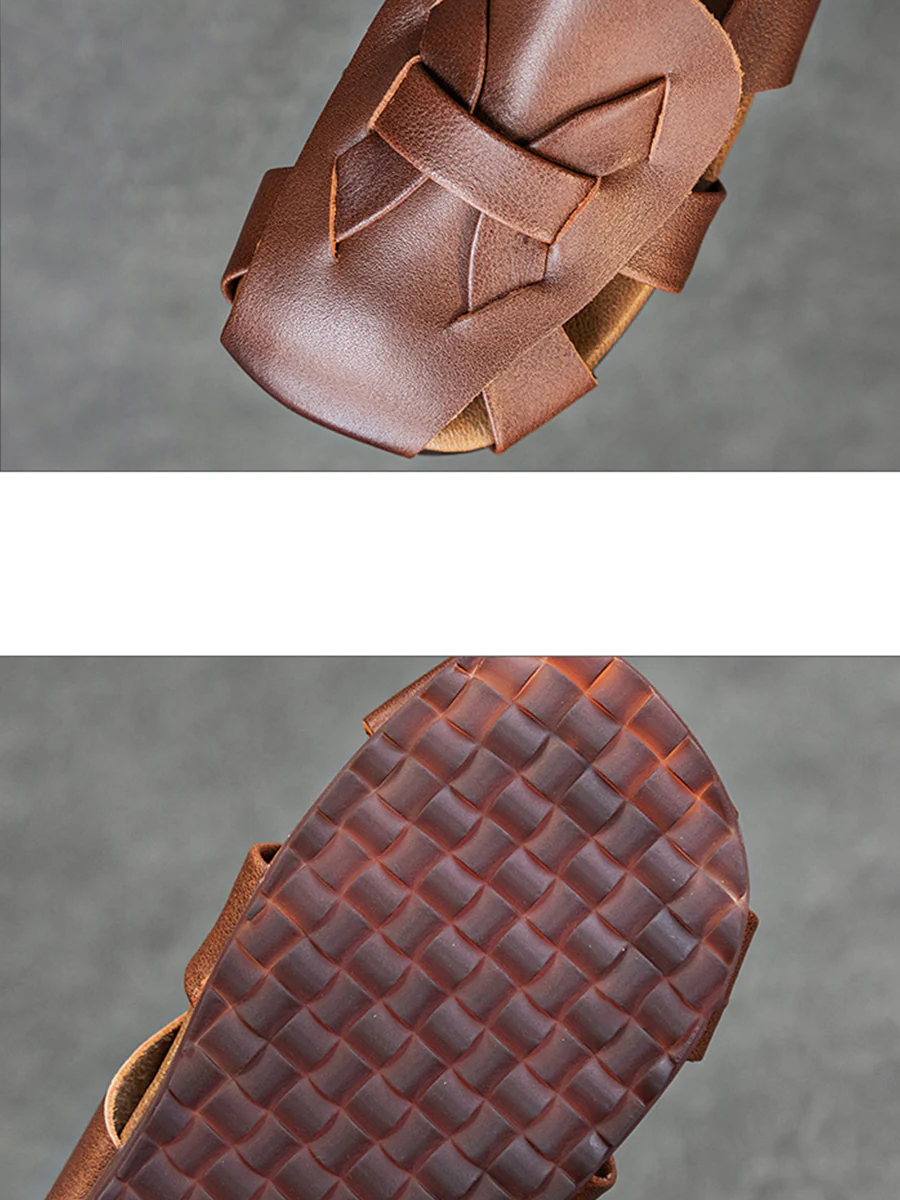 Women Vintage Genuine Leather Hollow Out Soft Slippers - Image 10