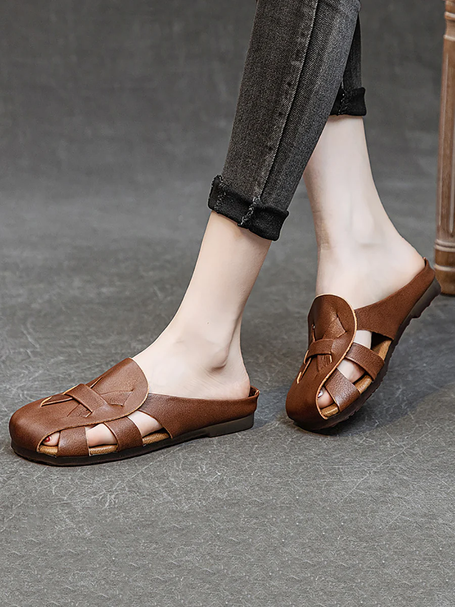 Women Vintage Genuine Leather Hollow Out Soft Slippers - Image 3
