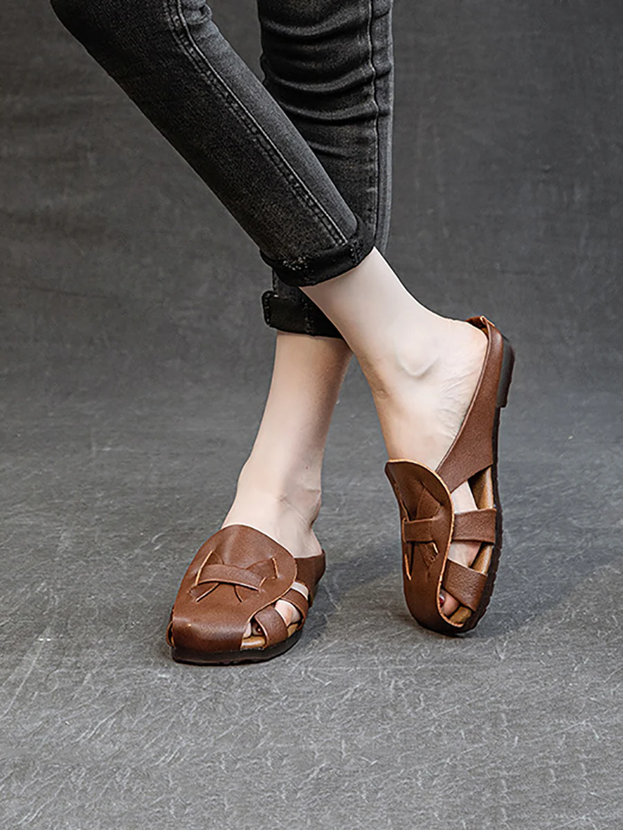 Women Vintage Genuine Leather Hollow Out Soft Slippers - Image 4