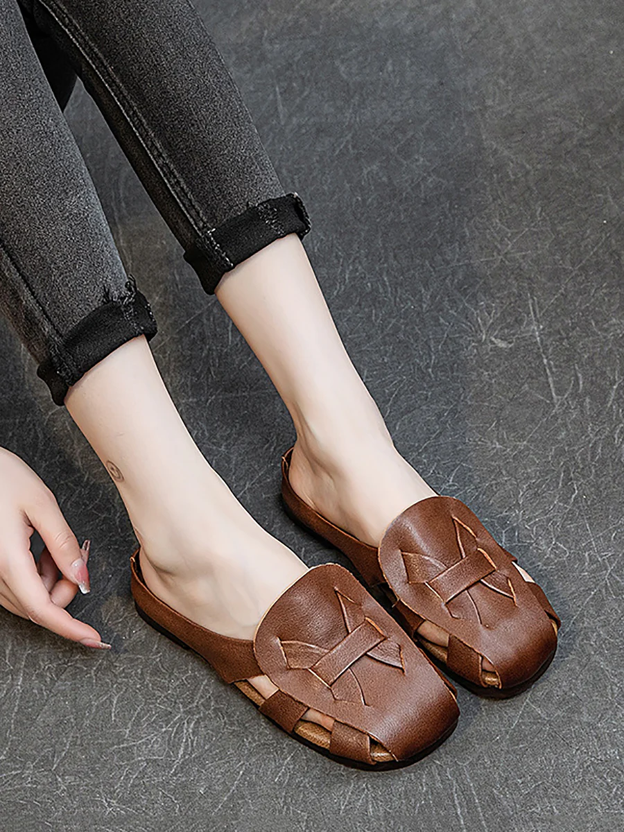 Women Vintage Genuine Leather Hollow Out Soft Slippers - Image 5