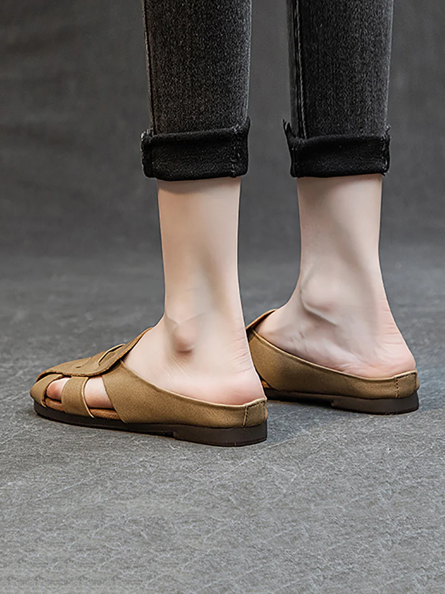 Women Vintage Genuine Leather Hollow Out Soft Slippers - Image 6