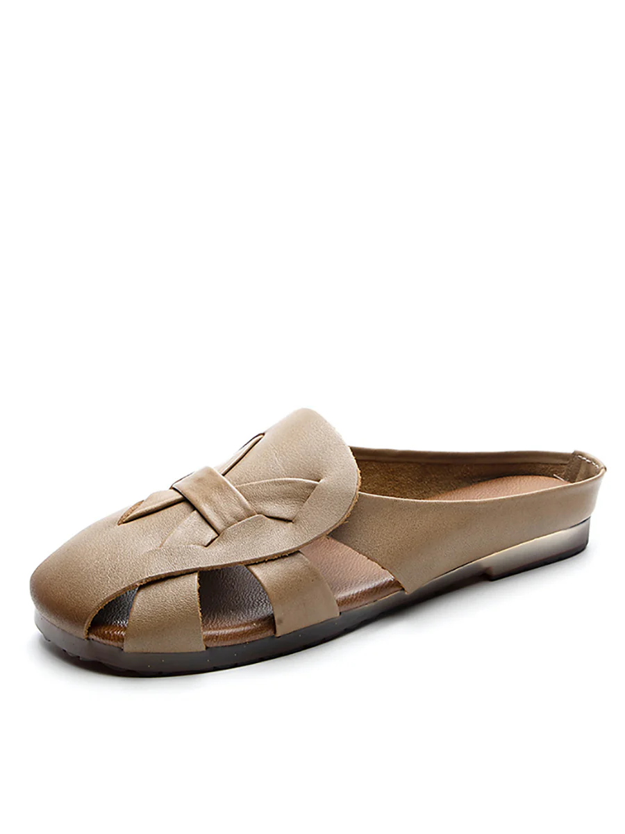 Women Vintage Genuine Leather Hollow Out Soft Slippers - Image 7