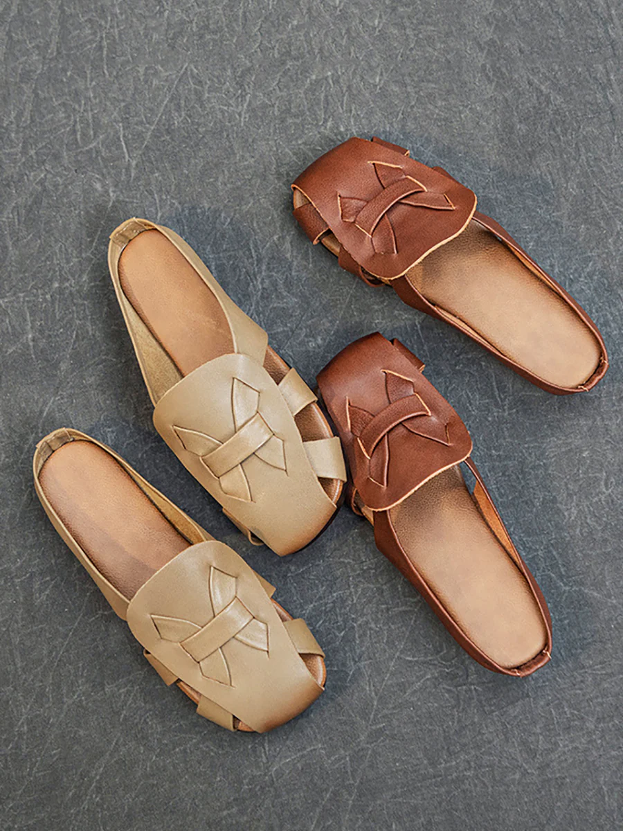 Women Vintage Genuine Leather Hollow Out Soft Slippers - Image 9