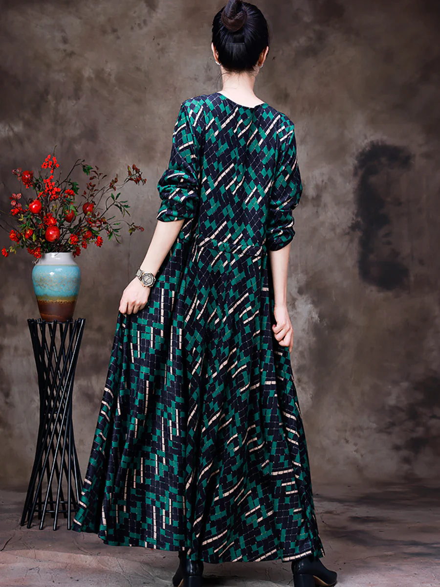 Plus Size Women Vintage Irregular Plaid Large Hemline Long Dress - Image 3