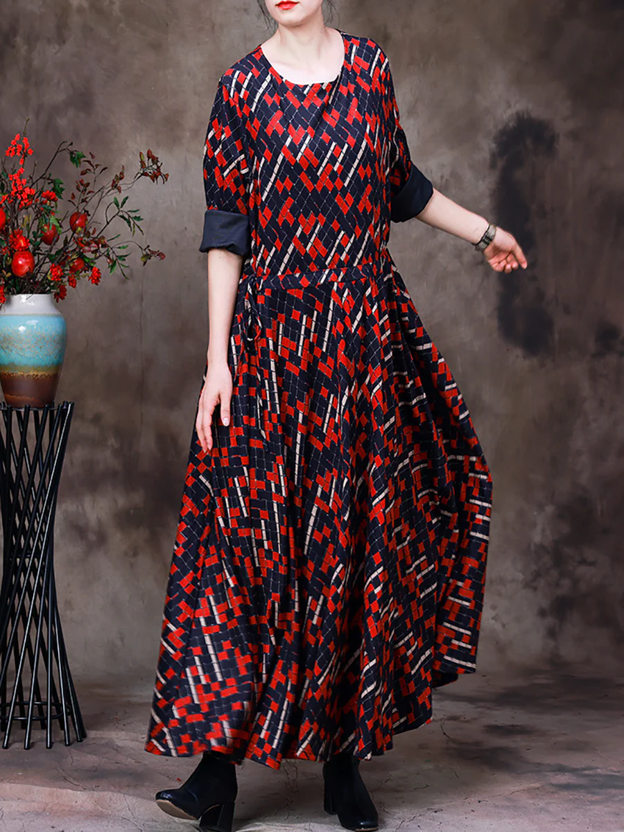 Plus Size Women Vintage Irregular Plaid Large Hemline Long Dress - Image 4