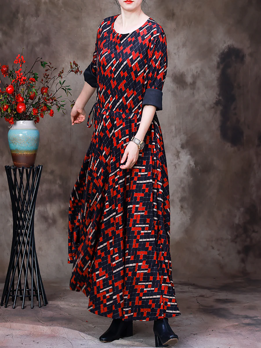 Plus Size Women Vintage Irregular Plaid Large Hemline Long Dress - Image 5
