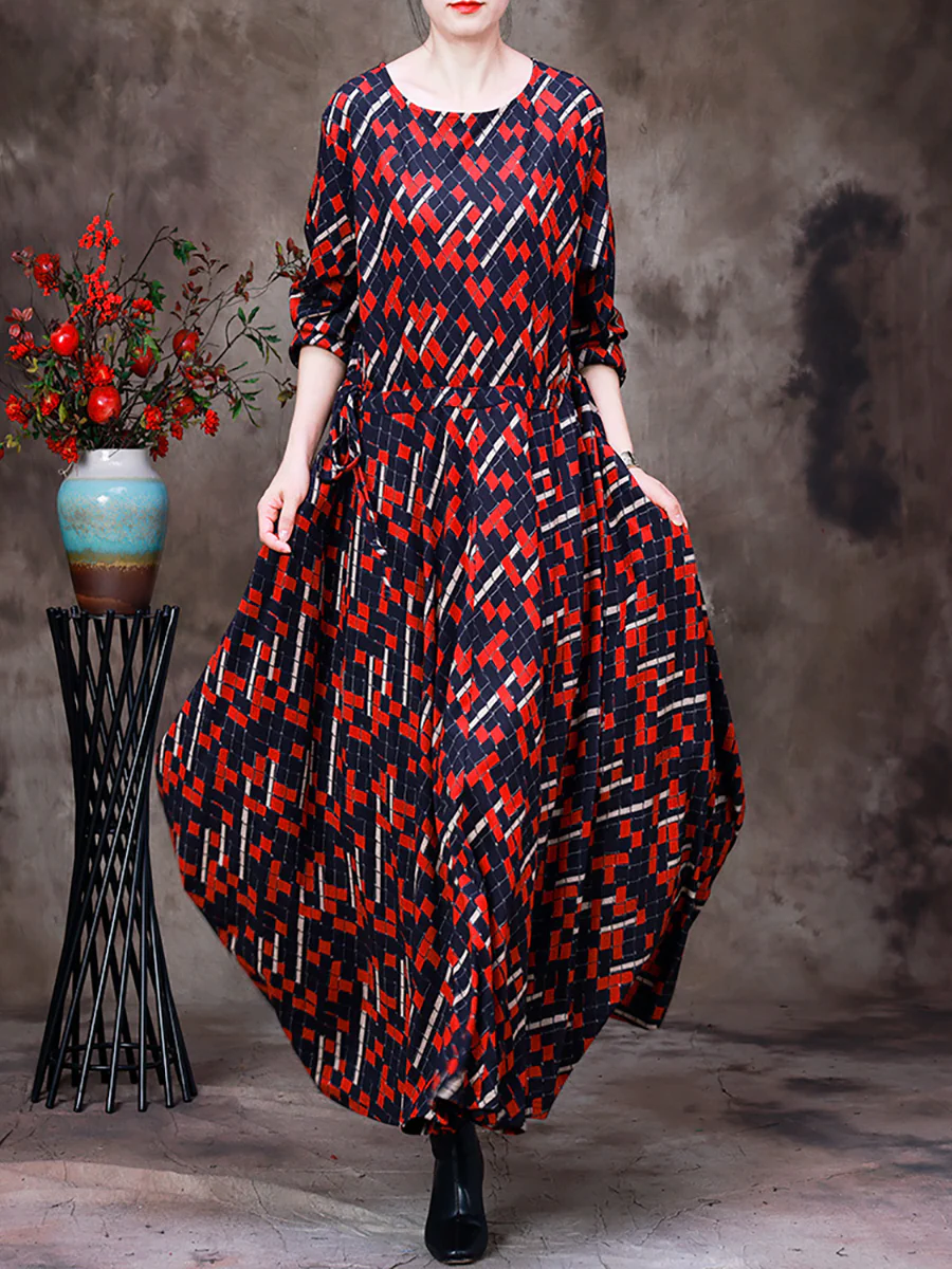 Plus Size Women Vintage Irregular Plaid Large Hemline Long Dress - Image 6