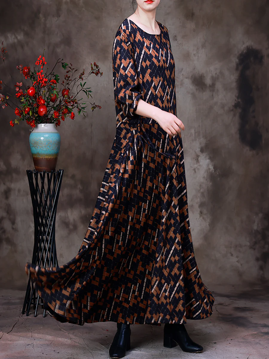 Plus Size Women Vintage Irregular Plaid Large Hemline Long Dress - Image 7